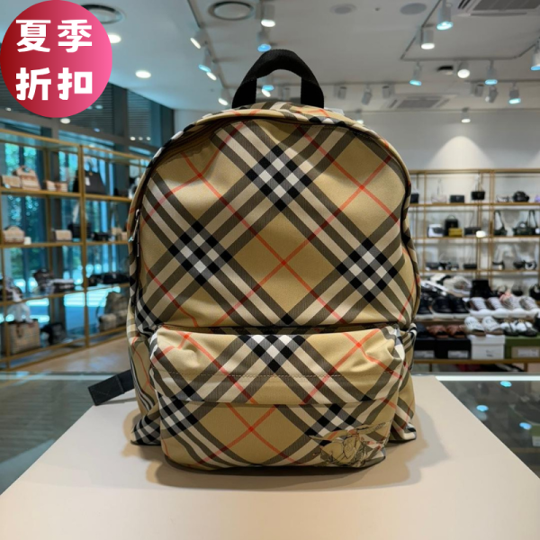 Burberry 80913121 EKD 經典格紋後背包  沙色 Burberry雙肩包, 尼龍後背包, 黑色雙肩包, 筆電隔層後背包, 義大利製精品包, Burberry時尚背包, 抗撕裂背包, 都會型男包款