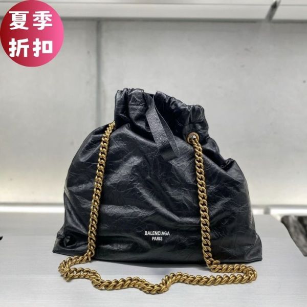 Balenciaga 742941 Crush 中款羊皮束口購物包   黑色/金鍊 Balenciaga 742941 Crush 中款羊皮束口購物包   黑色/金鍊