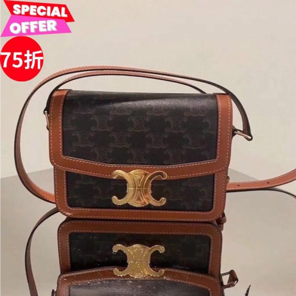 Celine 18888 Teen 老花帆布及小牛皮 Triomphe 凱旋門包    黃褐色 celine Teen包, Celine凱旋門包, 帆布小牛皮包, Celine肩背包, Triomphe包