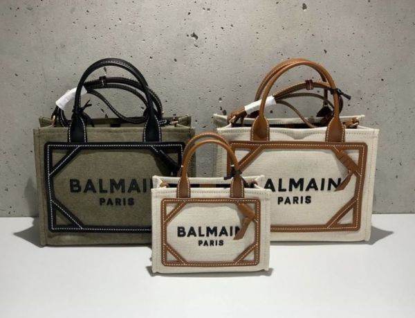 Balmain B-Army 皮革鑲嵌迷你帆布購物包 棕色 Balmain B-Army 皮革鑲嵌迷你帆布購物包  棕色