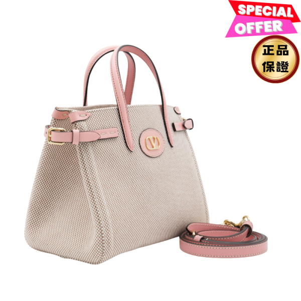 Valentino Garavani Antibes 小型帆布皮革托特包  自然色與玫瑰沙/付長肩帶帶 Valentino Garavani, Antibes, 玫瑰沙, 皮革, 義大利製造, 可調肩帶, 磁扣封口, 時尚單品