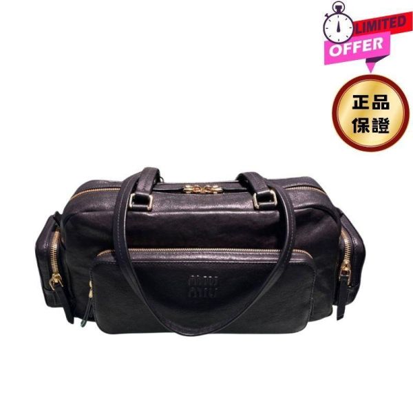 Miu Miu 5BB175 洗水納帕軟皮 Pocket 包  黑色 Miu Miu 手袋, 洗水納帕軟皮, 多口袋設計, 壓紋字母, 小羊皮