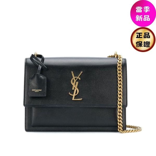 Saint Laurent 442906 YSL 中款 Sunset 翻蓋金鍊包  黑色 Saint Laurent 翻蓋包, YSL Sunset 系列, 中款金鍊包, 黑色小牛皮包, 義大利手工包, 時尚斜背包, 優雅設計