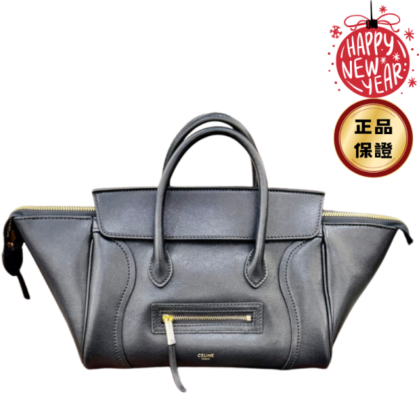 Celine L100E3 中款柔軟亮澤羊皮革 NEW LUGGAGE 包  黑色 Celine, New Luggage, 中號手袋, 羊皮革, 黑色, 義大利製造
