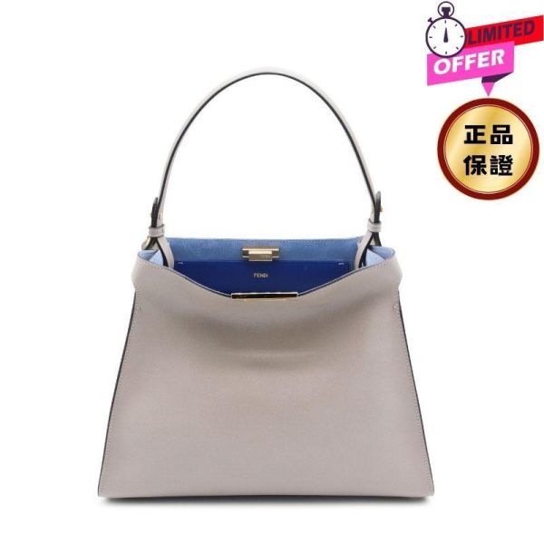 Fendi Way 8BN368 中款鴿子灰色皮革和霓虹藍色麂皮包 FENDI Way,中型手袋,黑色小牛皮,牛角鎖包款,義大利製造