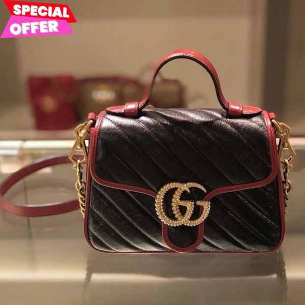 Gucci 583571 迷你 GG Marmont 兩用包   櫻桃紅滾邊配色 Gucci迷你包,GG Marmont肩背包,Gucci櫻桃紅飾邊,Gucci黑色翻蓋包,雙G包推薦,Gucci小牛皮包,義大利精品包款,精品平行輸入,100%真品,限時精品優惠