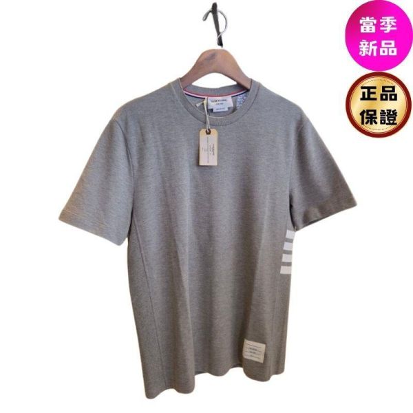 Thom Browne 男款 經典珠地棉四條紋短袖 T 恤上衣 灰色 1/2/3/4/5 Thom Browne, 四條紋, 短袖 T 恤, 珠地棉, 棉質, 義大利製造