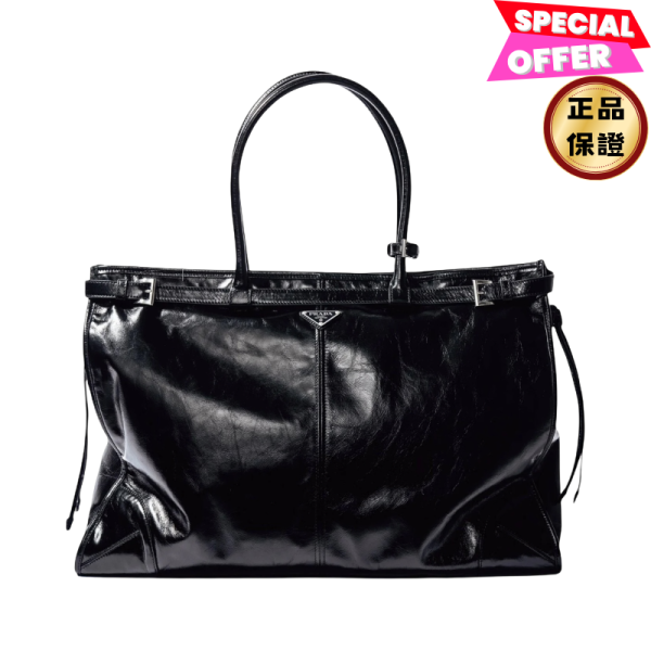 Prada 2VG128 超大款亮澤皮革繫帶 Bonnie包 黑色/付長肩帶 Prada, Bonnie手提袋, 小牛皮, 再生尼龍, 義大利製造, 時尚單品
