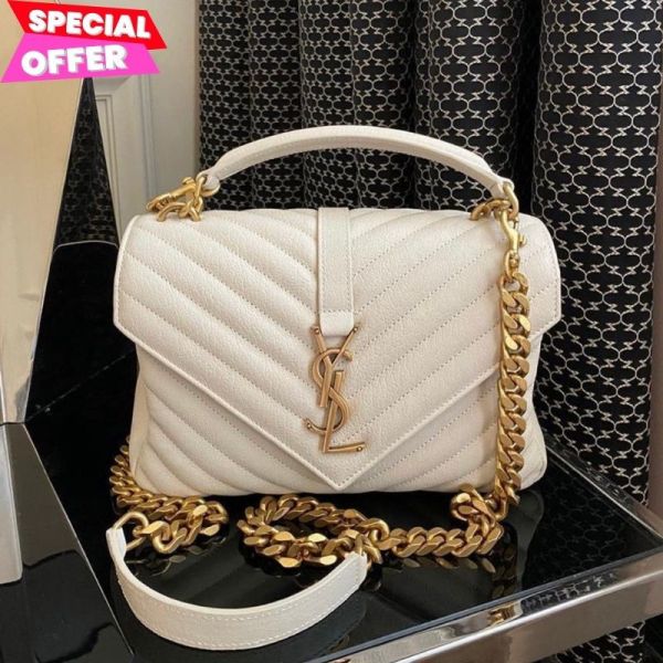 Saint Laurent 600279 YSL 中款 College 羊皮學院包  復古白色/金色Logo Saint Laurent 學院包, YSL College 系列, 羊皮手提包, 復古白色包, 義大利手工包, 時尚肩背包, 經典設計