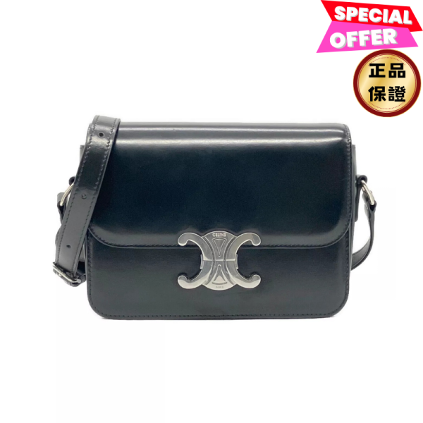 Celine 188423 亮面小牛皮 Teen Triomphe 凱旋包    黑色/銀釦 Celine Triomphe包, Celine 亮面小牛皮包, 中款 Triomphe包, 黑色精品包, 義大利精品包, 100% 真品, 2025 極簡包款, 2025 時尚包款, 銀釦 Triomphe