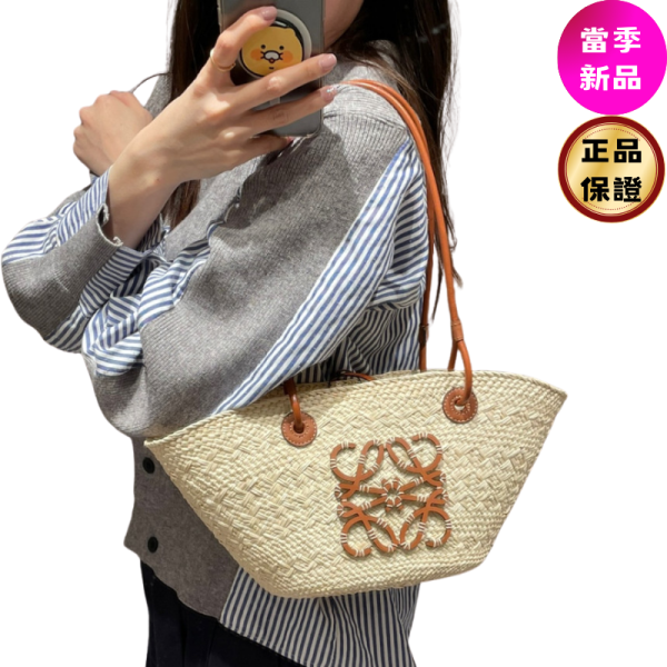 Loewe Anagram 伊拉卡棕櫚葉拼小牛皮小款草編包 Loewe 手袋,Anagram水桶包, 伊拉卡棕櫚葉, 小牛皮, 西班牙製造, 時尚單品