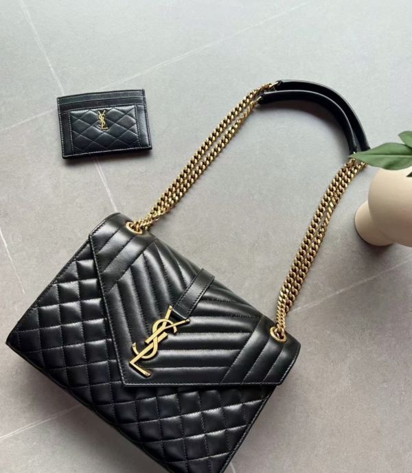 Saint Laurent  600185 YSL 中款 3種衍縫小羊皮金鍊信封包 黑色 