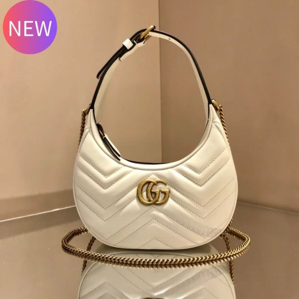 Gucci 699514 GG Marmont 半月形迷你包  附金鍊  白色 