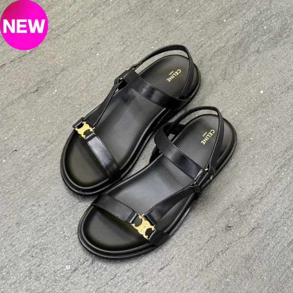 Celine 女款 Maud Triomphe 黑色牛皮革涼鞋  黑色  EU 36/37/38/39/40 Celine 涼鞋, Maud Triomphe, 黑色時尚, 牛皮革鞋, 義大利手工