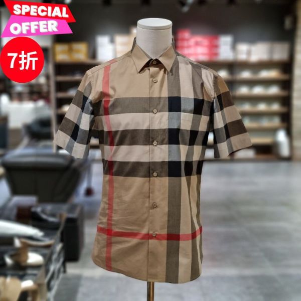 Burberry 80795911男款 Slim Fit Check 短袖棉質襯衫上衣  格紋米色  S/M/L Burberry 襯衫、經典格紋短袖、Slim Fit 襯衫、Burberry 短袖襯衫、棉質府綢襯衫、Burberry 男裝、英國精品襯衫、精品平行輸入、專櫃真品保證、Burberry 夏季新款、限時優惠精品
