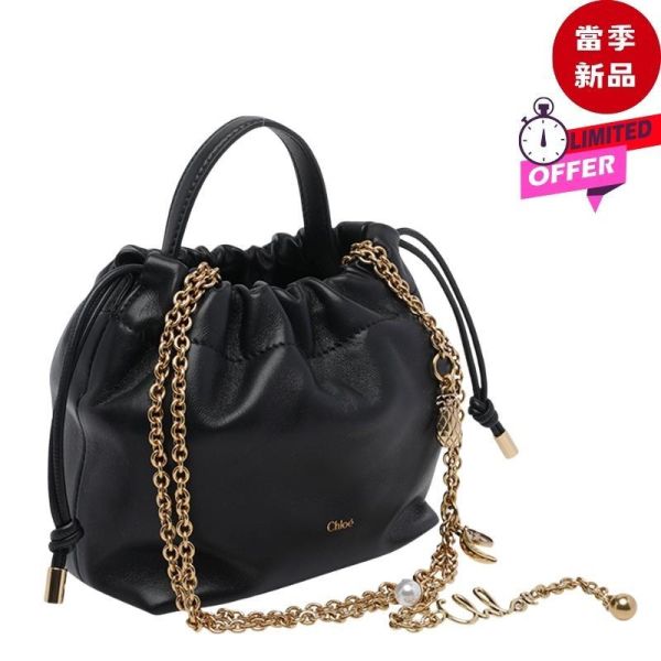 Chloe Mini Icons  納帕小羊皮珍珠鏈條抽繩水桶包  黑色 Chloé,Chloé Icons,Chloé Icons Mini,Chloé鏈條包,納帕小羊皮包,Perfect Plum,迷你斜背包,Horse Medal