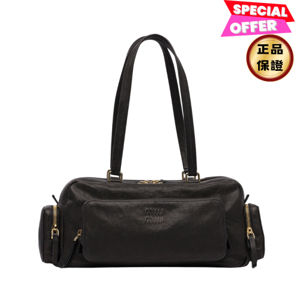 Miu Miu 5BB175 洗水納帕軟皮 Pocket 包  黑色 Miu Miu 手袋, 洗水納帕軟皮, 多口袋設計, 壓紋字母, 小羊皮