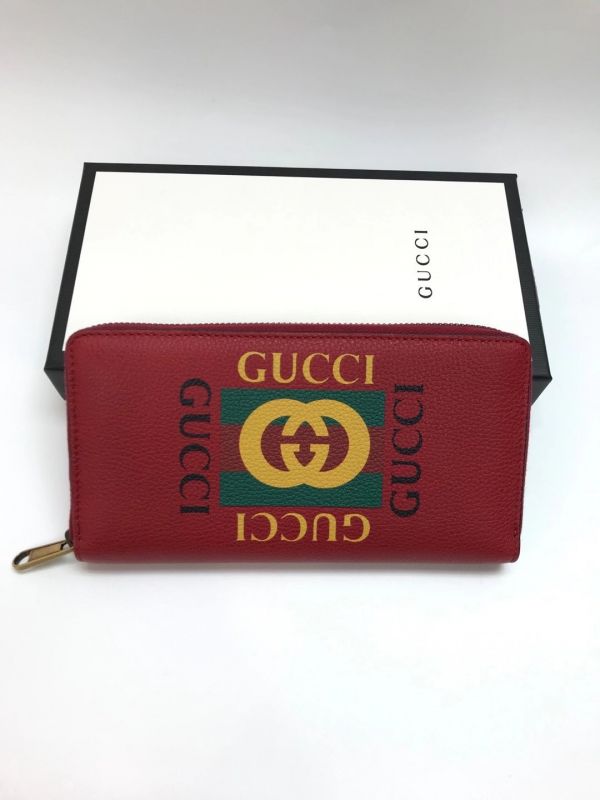 Gucci  496317 中性款復古圖紋小牛皮拉鍊長夾/錢包  紅色 