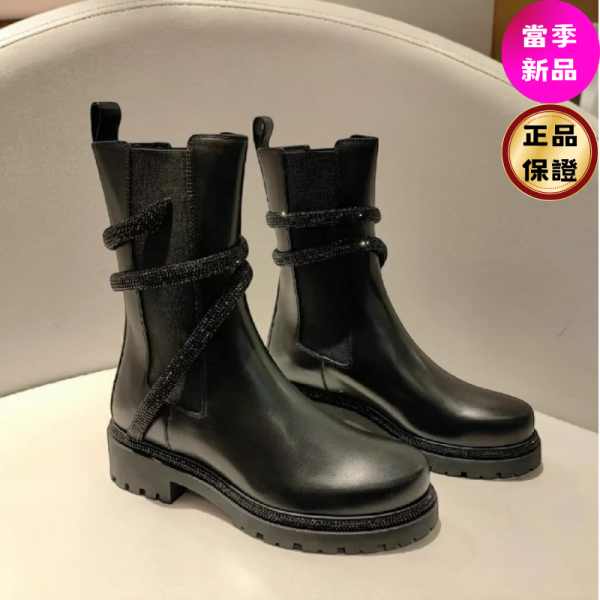 Rene Caovilla 女款 Cleo 純黑色水晶Combat 機車靴  黑色/底高2.5公分  IT 36/37/38/38.5/39/40 Rene Caovilla, Cleo Crystal, Black Bootie 25, 義大利製造, 黑皮革, 晶鑲設計, 實用風格, 時尚單品, Chelsea靴, 低跟鞋