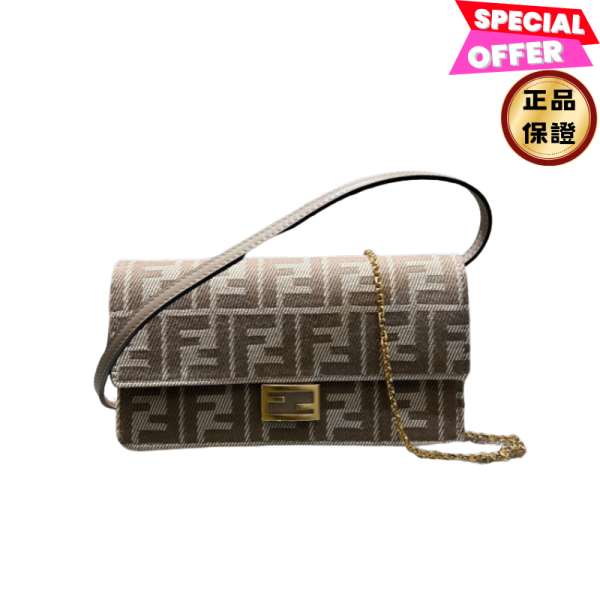 Fendi 8M0498 FF 緹花貝貴 Baguette WOC 鏈帶皮夾   米色 Fendi, Baguette鏈帶皮夾, 牛仔布FF提花, 米色, 義大利製造, 時尚單品