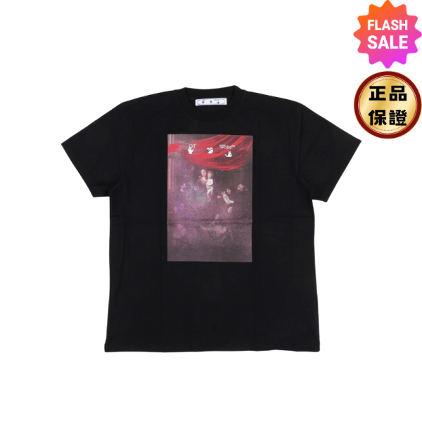 Off White 中性款圓領卡拉瓦喬油畫圖騰短袖上衣 黑  XS/S/M 