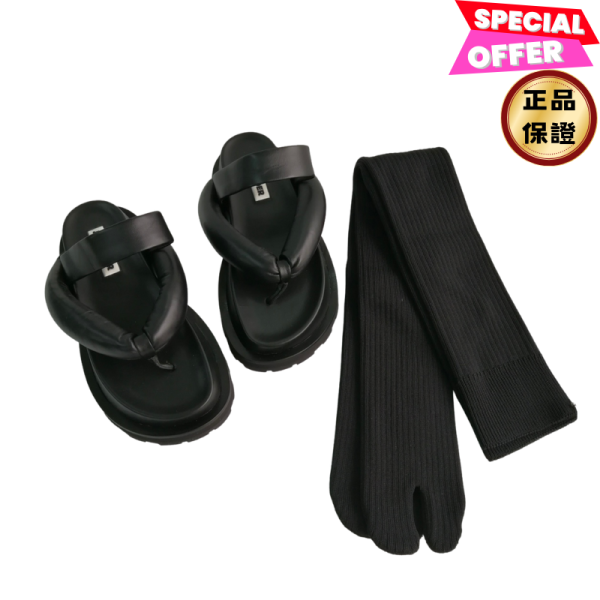 Jil Sander 女款羔羊皮革厚底人字涼拖分趾鞋  黑色配長襪   EU36/37/38﻿ Jil Sander, 黑色皮革厚底拖鞋, 義大利製造, 100%羔羊皮, 6公分鞋底, 時尚單品