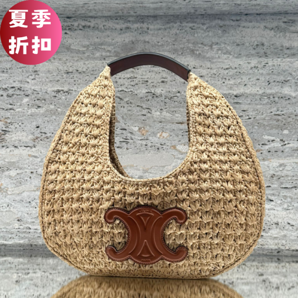 Celine 112772 凱旋門經典草編Hobo 半月包 CELINE 提籃包 HOBO 植物材料 牛皮革