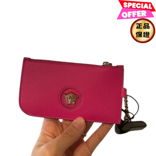 Versace La Medusa 美杜莎小牛皮鑰匙扣信用卡零錢包  紫紅色 Versace, La Medusa ,美杜莎,小牛皮錢包, 義大利製造, 金色品牌字樣, 4個卡槽, 硬幣口袋, 時尚單品
