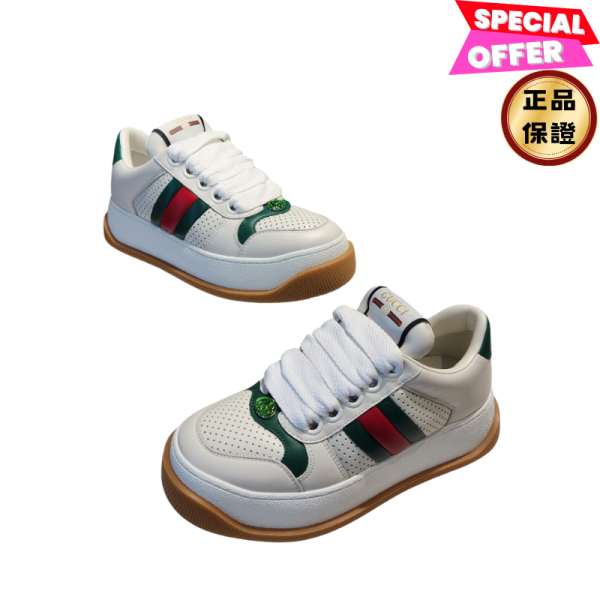Gucci 女款 771880 Screener GG 復古厚底運動鞋  IT 36/38 Gucci, Screener Trainer, 白皮革, 平台運動鞋, 綠-紅-綠 Web 條紋, 橡膠鞋底, 實用設計, 時尚單品, 街頭風格