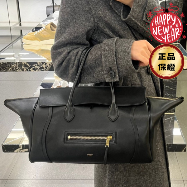 Celine L100E3 中款柔軟亮澤羊皮革 NEW LUGGAGE 包  黑色 Celine, New Luggage, 中號手袋, 羊皮革, 黑色, 義大利製造