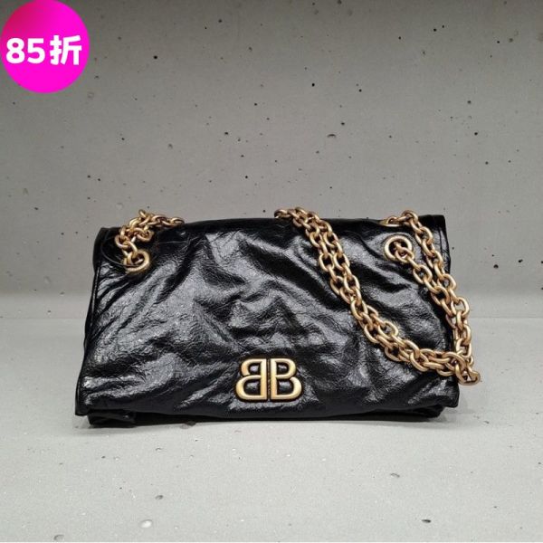 Balenciaga 765966 小款小牛皮 Monaco 包    黑色 Balenciaga Monaco包, 小牛皮鏈條包, 做舊金色五金包款, 名牌肩背包, 黑色奢華包, 高端設計師包款。