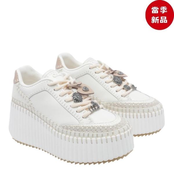 Chloe 女款 Nama 牛皮麂皮手工縫線楔型8公分厚底球鞋     IT38/39/40 Chloé,Chloé Nama,Nama Wedge Sneaker,Nama運動鞋,楔型運動鞋,厚底運動鞋,增高運動鞋,Chloé球鞋,麂皮運動鞋,Lovely White,手工毯式縫線,CH26W02I2J120