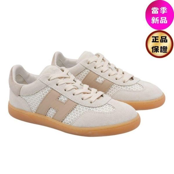 Hogan 女款 Cool 絨面革網眼拼接德訓運動鞋   白色.粉色/底高2.5公分  IT36/36.5/37/37.5/38/38.5/39 Hogan Cool,米色運動鞋,拼接休閒鞋,義大利製女鞋,H字標誌鞋款