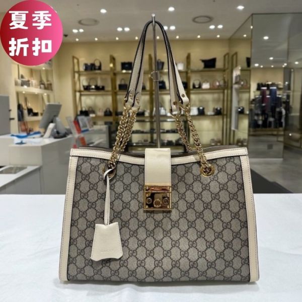 Gucci 479197 GG Supreme 帆布Padlock中型購物包     白色 Gucci GG Supreme Padlock包 中型購物包 Gucci鎖扣包 GG Supreme帆布包