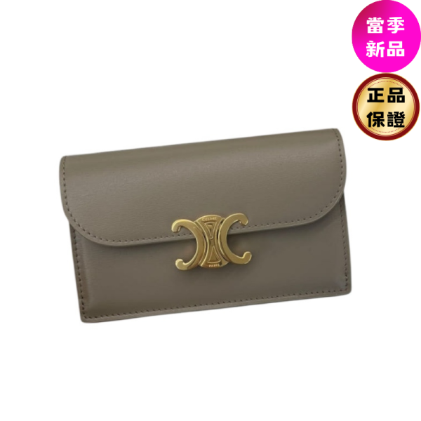 Celine 10P073 Triomphe  凱旋門翻蓋長款卡片套   灰色 Celine, TRIOMPHE, 翻蓋卡片套, 灰褐色, 義大利製造, 牛皮革, 金色釘扣, 實用設計, 時尚單品, 便攜風格