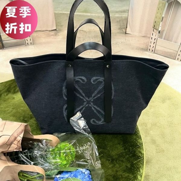 Off-White Day Off 大款丹寧手提肩背包 灰黑色 Off-White 手提包, 丹寧手袋, 灰色時尚, 箭頭logo, 義大利手工