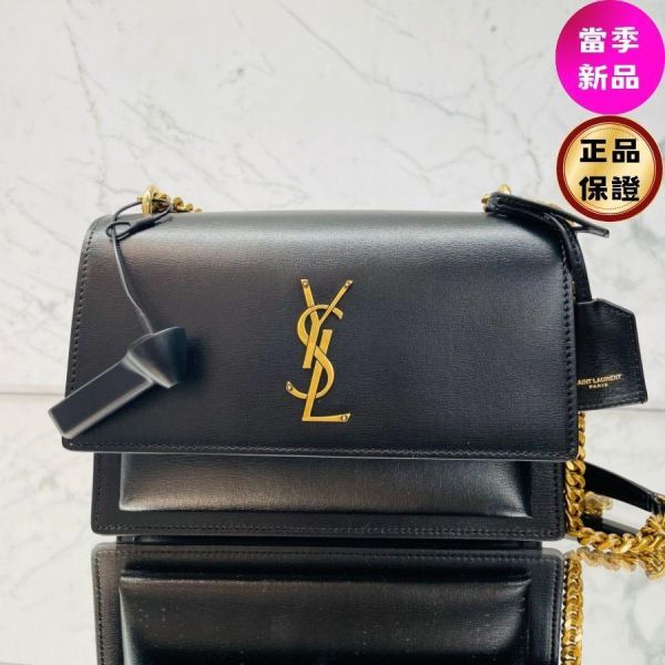 Saint Laurent 442906 YSL 中款 Sunset 翻蓋金鍊包  黑色 Saint Laurent 翻蓋包, YSL Sunset 系列, 中款金鍊包, 黑色小牛皮包, 義大利手工包, 時尚斜背包, 優雅設計