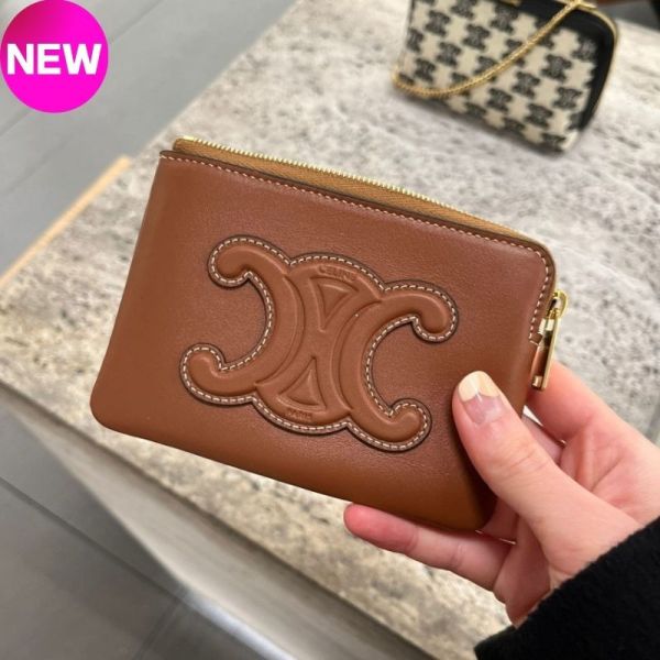 Celine 平滑小牛皮 Cuir Triomphe 凱旋門零錢信用卡包  焦糖棕色 