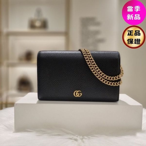 Gucci 497985 GG Marmont 黑色皮革 WOC包 Gucci GG Marmont 迷你鏈帶手袋 小雙G肩背包 Gucci黑色WOC包
