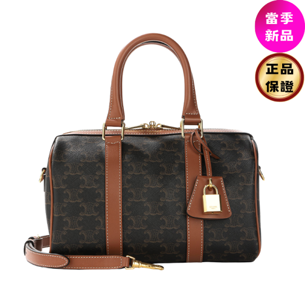 Celine 121322 中款標誌印花波士頓包   黃褐色 Celine 手袋, 小款牛皮包, 咖啡色手袋, Triomphe 設計, 義大利手工, 低調奢華, 夏日時尚, Teen Nino 包
