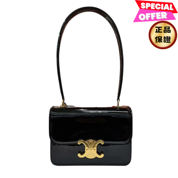 Celine 117893 Teen Garance 漆面牛皮凱旋門 Teen Garance 包  黑色 Celine 肩背包, 專利牛皮包, 黑色時尚, Triomphe 設計, 義大利手工