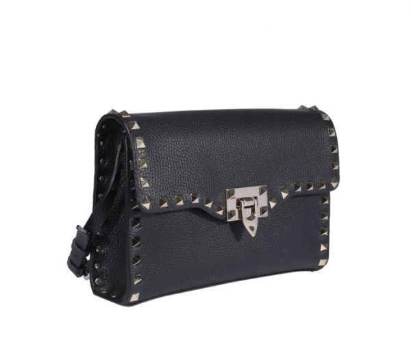 Valentino 小款 Rockstud 粒面小牛皮斜背包 黑色 