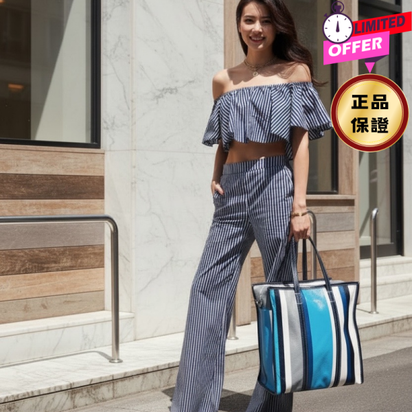 Balenciaga 443097 皺褶小羊皮條紋 Bazar M 手提包/旅行袋/電腦包 Balenciaga Bazar M, 條紋手提包, 皺褶小羊皮包, 電腦包, 旅行袋