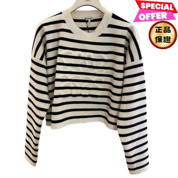 Loewe Anagram 條紋針織毛衣 S/M﻿ Moncler, Anagram毛織, 羊毛, Off-white/Navy, 義大利製造, 時尚單品