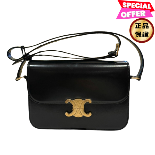 Celine 187363 亮面小牛皮中型 Triomphe 凱旋門包  黑色 Celine凱旋門包, Triomphe亮面小牛皮包, 黑色中型包, 義大利製精品包, 女士時尚肩背包, Celine經典扣環包, 高端精品包推薦