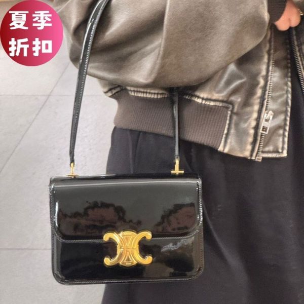 Celine 117893 Teen Garance 漆面牛皮凱旋門 Teen Garance 包  黑色 Celine 肩背包, 專利牛皮包, 黑色時尚, Triomphe 設計, 義大利手工