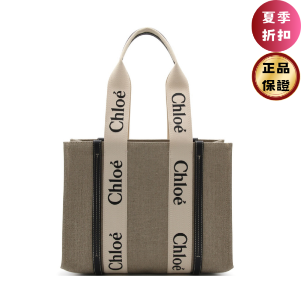 Chloe 中款皮革飾邊絲帶棉質 Woody 包  藍黑色 Chloé, Woody, 中款托特, 藍黑色, 義大利製造, 帆布包, 實用設計, 皮革飾邊, 百搭風格, 時尚單品