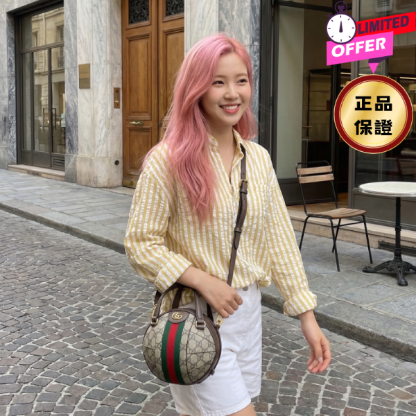 Gucci 574794 Ophidia GG帆布小牛皮球型手提包 Gucci Ophidia 球型包, GG Supreme 帆布包, 運動風肩背包, 米色小牛皮包, 義大利製迷你包, 時尚百搭包, 雙G硬件手提包