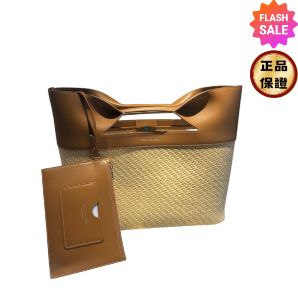 Alexander McQueen 709344 The Bow XL 拉菲草編和小牛皮托特包 McQueen, The Bow XL, 托特包, 義大利製造, 天然拉菲草, 小牛皮, 夏日單品