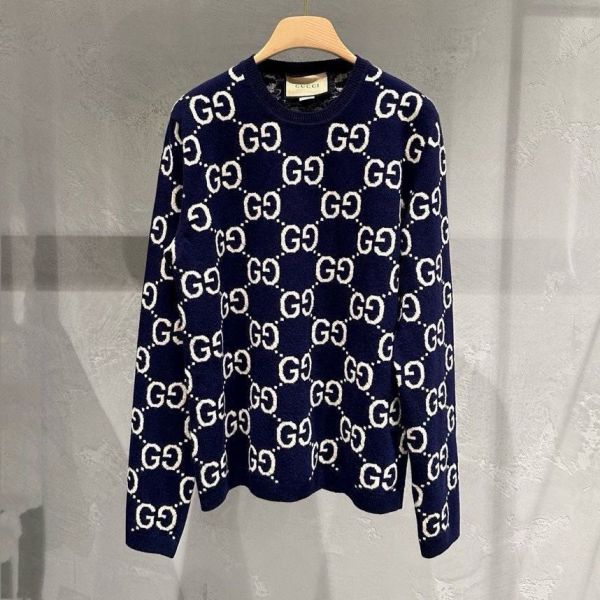 Gucci 645320 男款GG羊毛提花毛衣上衣  藍色及象牙色  S/M/L/XL/XXL 